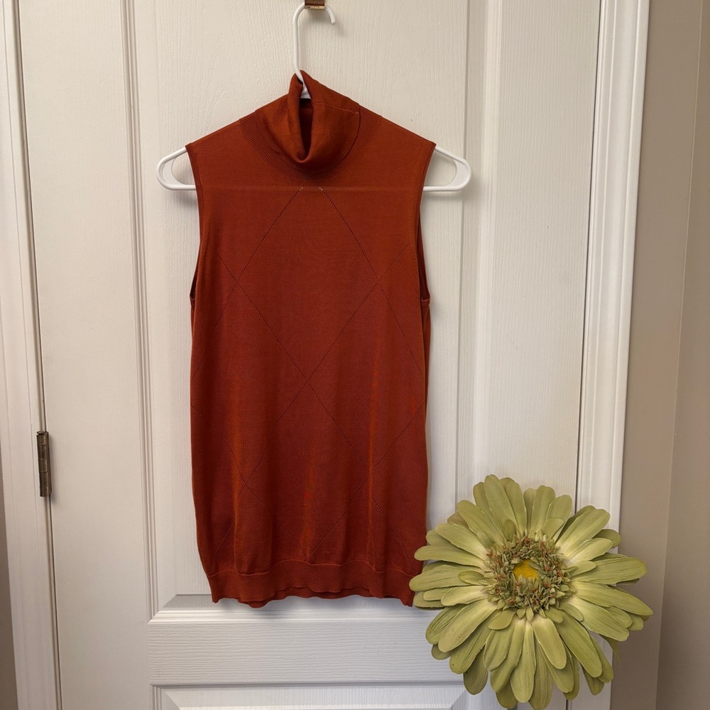 Pringle of Scotland 100% Silk Turtleneck Argyle Print Sleeveless Knit Top M
